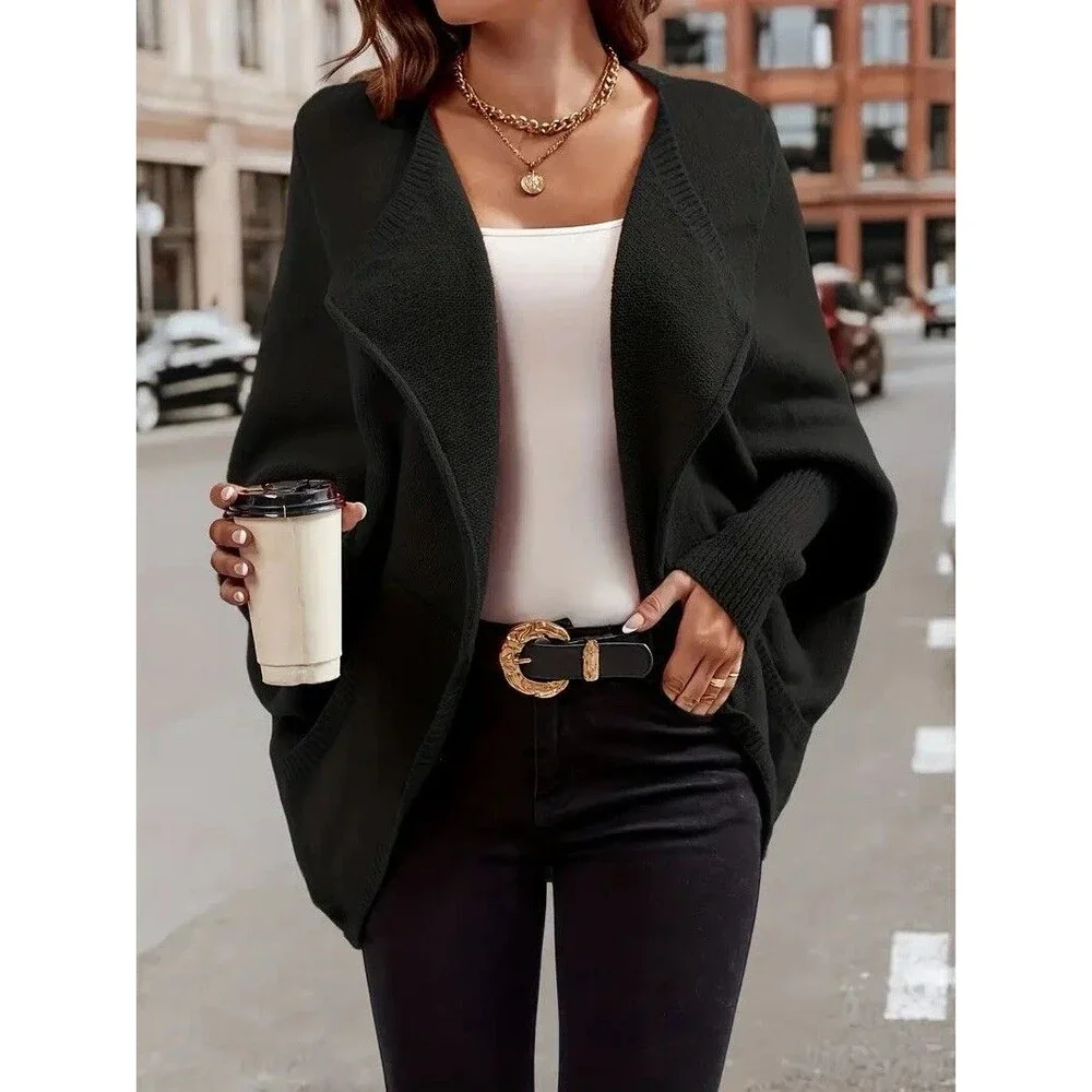 Elegant Long Sleeve Cardigan Black with Collar and Batwing Style for Women Small